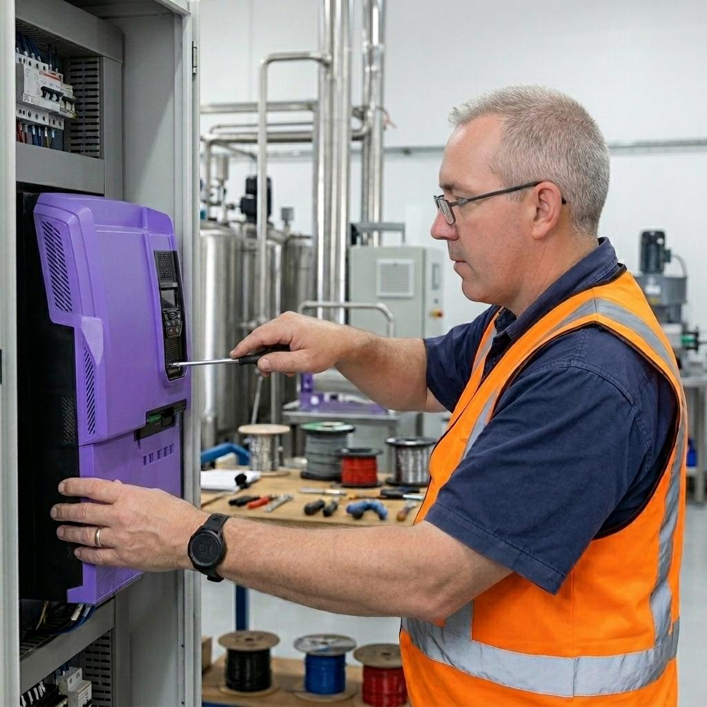 Experienced technician working on a purple Variable Speed Drive in a workshop