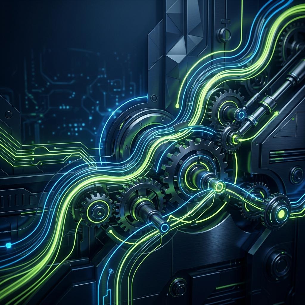 Modern high-tech manufacturing facility with blue atmospheric lighting and precision robotic arms in a clean industrial setting